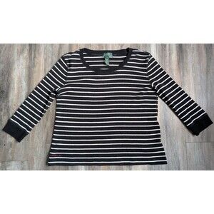 Lauren Ralph Lauren Round Neck Striped Top Women's Large 100% Cotton 3/4 Sleeve